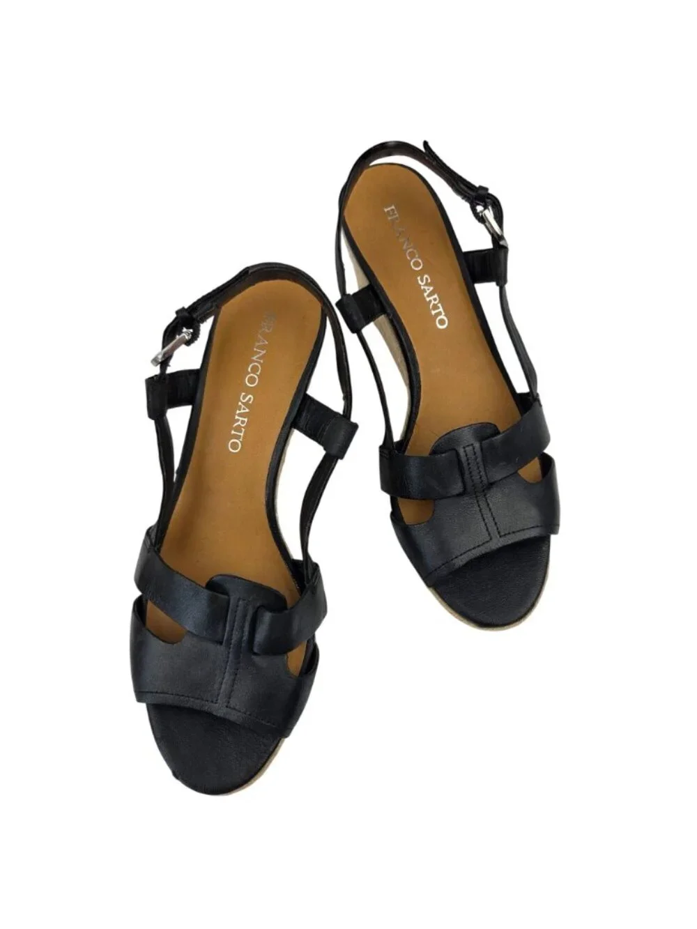Franco Sarto Black Leather Wedge Espadrille Sandals Size 8.5